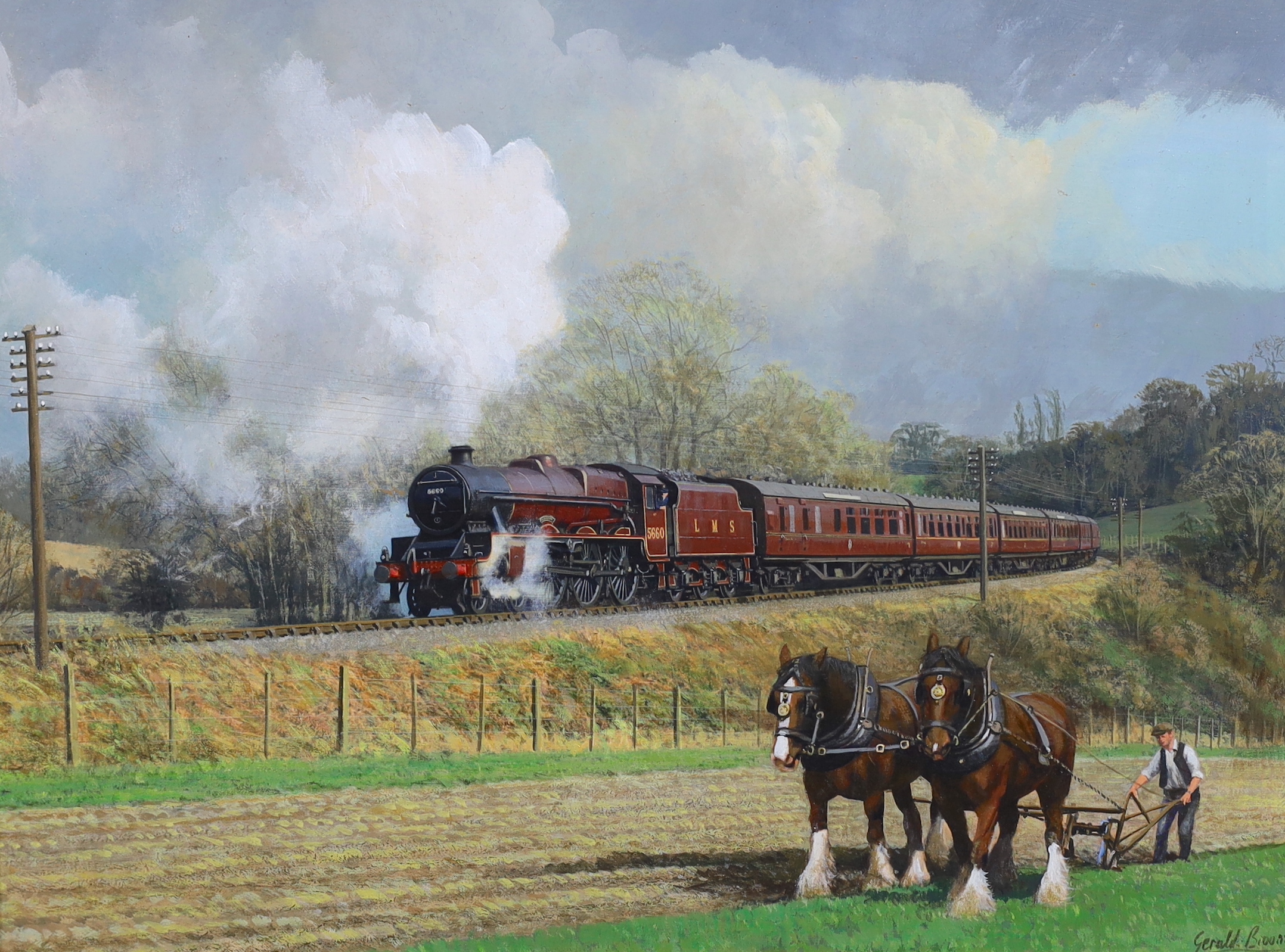 Gerald Broom (English, b.1944), LMS locomotive passing a ploughman, oil on board, 28 x 37cm